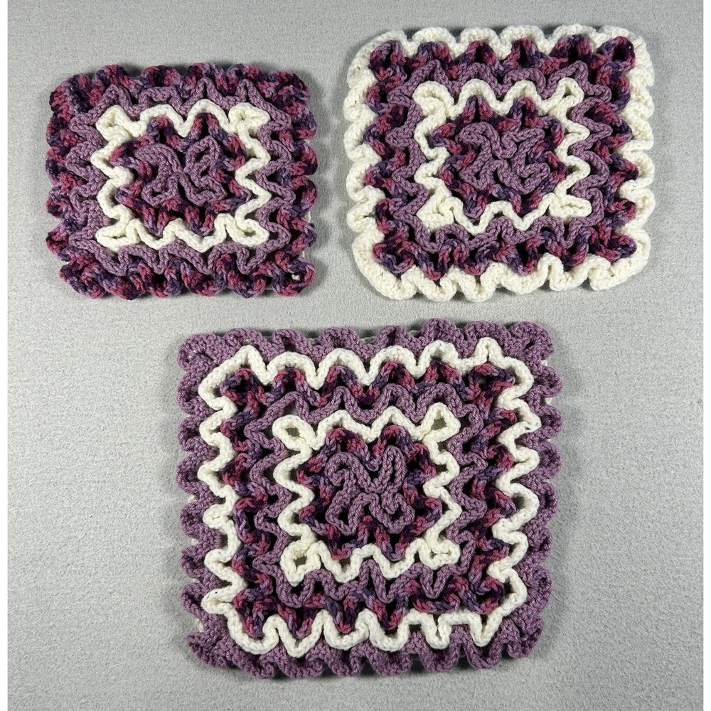 Handmade Crochet Hot Pad Trivets Set of 3 Purple White